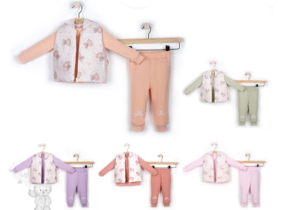 Toptan PONY BEBE Ayıcık Desenli Yelekli Üçlü Kız Bebe Takım - Toptan Çocuk Giyim Beniz Kids
