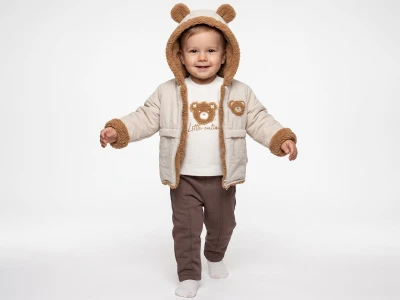 Toptan BEBLY Ayıcık Detay 3'lü Erkek Bebek Takım KAHVERENGİ - Beniz Bebe