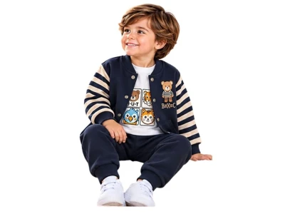 Toptan BICIR KİDS Ayıcık Detay 3'lü Erkek Çocuk Takım LACİVERT - Beniz Bebe