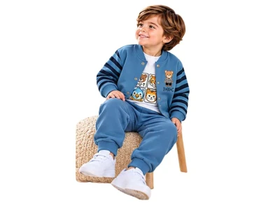 Toptan BICIR KİDS Ayıcık Detay 3'lü Erkek Çocuk Takım MAVİ - Beniz Bebe