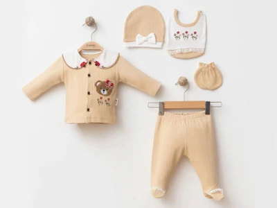 Toptan COŞAY BABY Ayıcık Detay 5'li Bebek Takım BEJ - Beniz Bebe