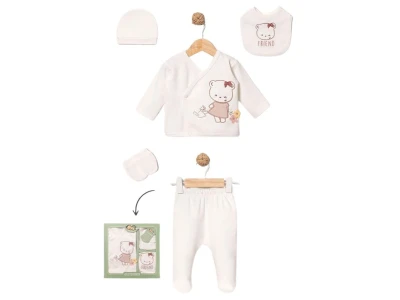 Toptan BABY ZUHU Ayıcık Detay 5'li Hastane Çıkışı Kız Bebek Zıbın Set Powder - Beniz Bebe