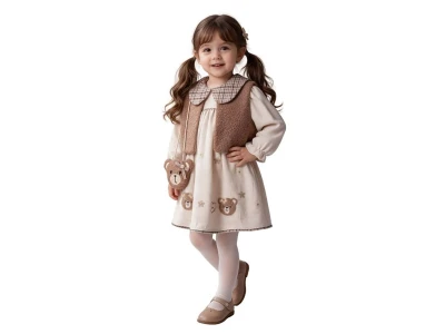 Toptan AYD KİDS Ayıcık Detay Yelekli Kız Çocuk Elbise - Toptan Çocuk Giyim Beniz Kids