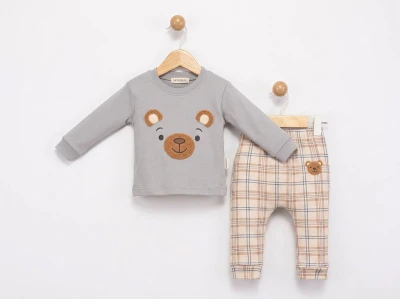 Toptan MİNİMAİ Ayıcık Detaylı Erkek Bebek Takım GRİ - Beniz Bebe