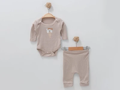 Toptan NAYINOM Ayıcık Dondurma Nakışlı Erkek Bebe Takım  KAHVERENGİ - Beniz Bebe