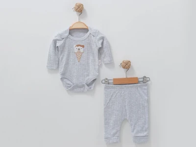 Toptan NAYINOM Ayıcık Dondurma Nakışlı Erkek Bebe Takım  GRİ - Beniz Bebe