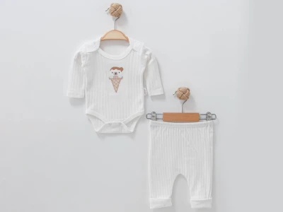 Toptan NAYINOM Ayıcık Dondurma Nakışlı Erkek Bebe Takım  BEYAZ - Beniz Bebe