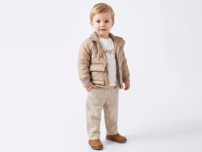 Toptan CANÖZ Ayıcık Nakış Desenli Montlu Erkek Bebe Üçlü Takım  - Toptan Çocuk Giyim Beniz Kids