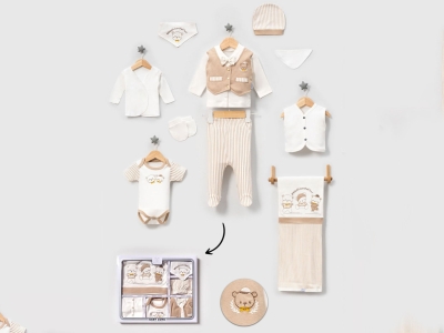 Toptan BABY ZUHU Ayıcık Nakışlı 10lu Erkek Hastane Çıkışı Zıbın Set البني - Beniz Bebe