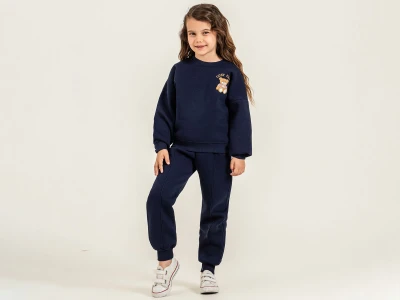 Toptan PAMPAL KİDS Ayıcık Nakışlı 3 İp Şardonlu Kız Takım  - Toptan Çocuk Giyim Beniz Kids