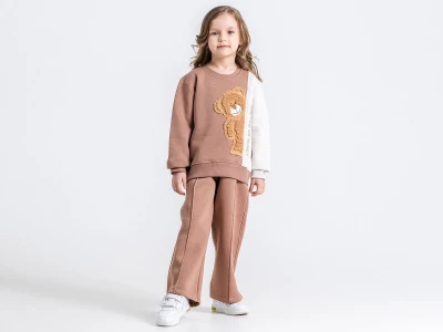 Toptan PAMPAL KİDS Ayıcık Nakışlı 3 İp Şardonlu Kız Takım  - Toptan Çocuk Giyim Beniz Kids