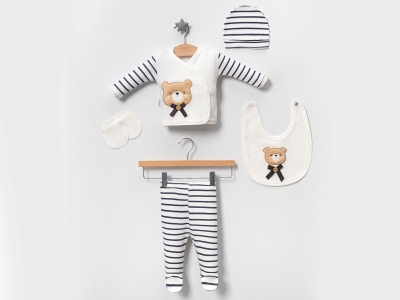 Toptan BABY ZUHU Ayıcık Nakışlı 5li Erkek Hastane Çıkışı Zıbın Set - Toptan Çocuk Giyim Beniz Kids