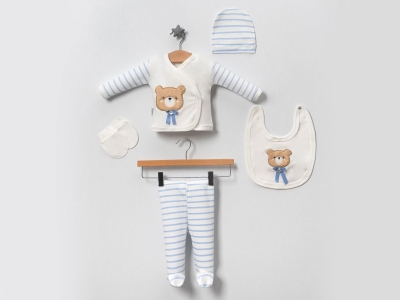 Toptan BABY ZUHU Ayıcık Nakışlı 5li Erkek Hastane Çıkışı Zıbın Set أزرق - Beniz Bebe