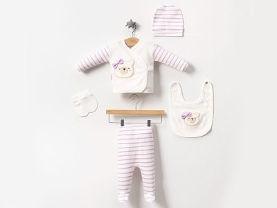 Toptan BABY ZUHU Ayıcık Nakışlı 5li Kız Hastane Çıkışı Zıbın Set - Toptan Çocuk Giyim Beniz Kids