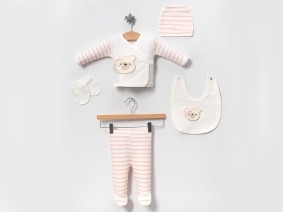 Toptan BABY ZUHU Ayıcık Nakışlı 5li Kız Hastane Çıkışı Zıbın Set مسحوق - Beniz Bebe