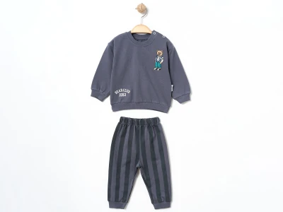 Toptan ÇITIR KİDS Ayıcık Nakışlı Çizgili Erkek Bebe Takım  - Toptan Çocuk Giyim Beniz Kids