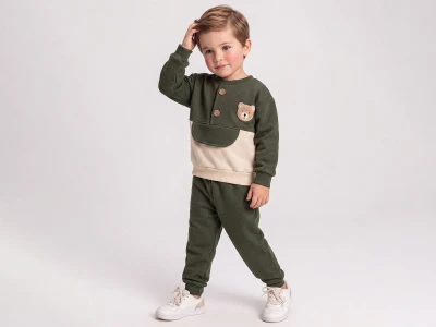 Toptan FEELY KİDS Ayıcık Nakışlı Düğmeli 3 İp Şardonlu Erkek Takım  - Toptan Çocuk Giyim Beniz Kids