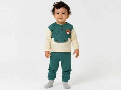 Toptan KARACON Ayıcık Nakışlı Düğmeli Erkek Takım  - Toptan Çocuk Giyim Beniz Kids
