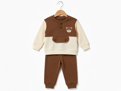 Toptan KARACON Ayıcık Nakışlı Düğmeli Erkek Takım  KOYUKAHVE - Beniz Bebe