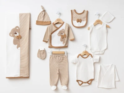 Toptan ZIPIR Ayıcık Nakışlı Erkek Bebe 10lu Hastane Çıkış Set - Toptan Çocuk Giyim Beniz Kids