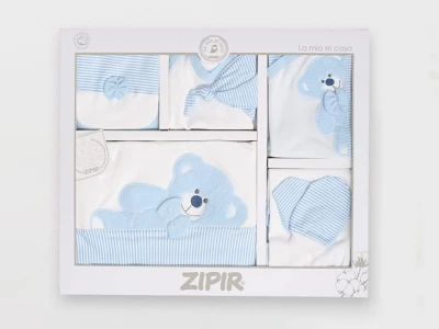 Toptan ZIPIR Ayıcık Nakışlı Erkek Bebe 10lu Hastane Çıkış Set BLUE - Beniz Bebe