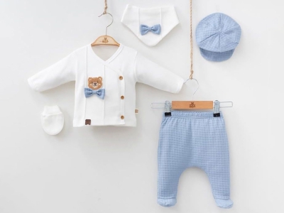 Toptan MİNİZEYN Ayıcık Nakışlı Erkek Bebe 5li Set BLUE - Beniz Bebe