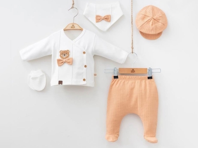 Toptan MİNİZEYN Ayıcık Nakışlı Erkek Bebe 5li Set Brown - Beniz Bebe