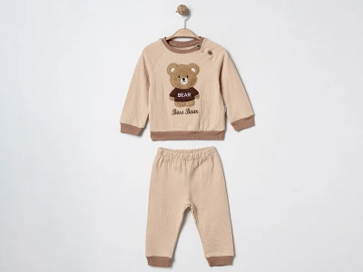 Toptan ÇITIR KİDS Ayıcık Nakışlı Erkek Bebe Takım   KAHVERENGİ - Beniz Bebe