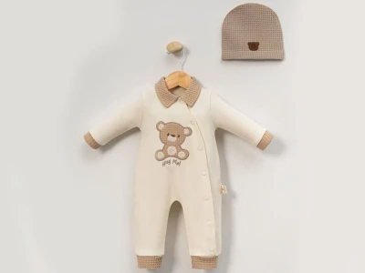 Toptan CAYZEN Ayıcık Nakışlı Erkek Bebek Tulum BEJ - Beniz Bebe
