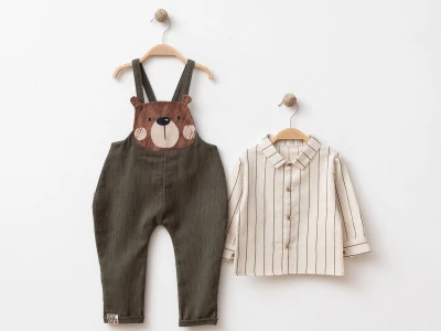 Toptan BEBİNNİ Ayıcık Nakışlı Erkek Salopet Set - Toptan Çocuk Giyim Beniz Kids