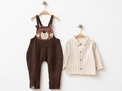 Toptan BEBİNNİ Ayıcık Nakışlı Erkek Salopet Set KAHVERENGİ - Beniz Bebe