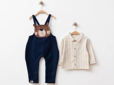 Toptan BEBİNNİ Ayıcık Nakışlı Erkek Salopet Set LACİVERT - Beniz Bebe