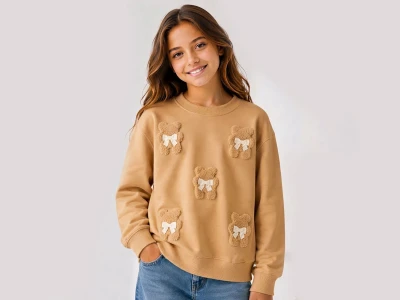 Toptan İ-CAN Ayıcık Nakışlı Fiyonk Detaylı Kız Sweat  - Toptan Çocuk Giyim Beniz Kids