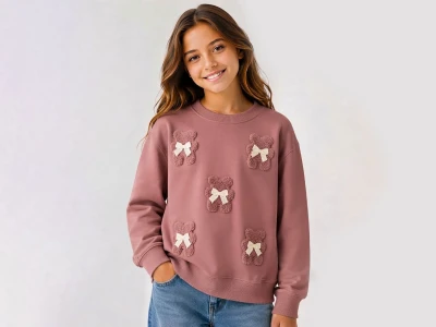 Toptan İ-CAN Ayıcık Nakışlı Fiyonk Detaylı Kız Sweat  GÜLKURUSU - Beniz Bebe