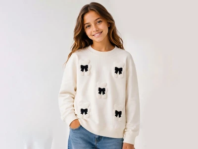 Toptan İ-CAN Ayıcık Nakışlı Fiyonk Detaylı Kız Sweat  BEYAZ - Beniz Bebe