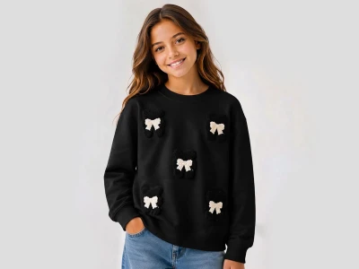 Toptan İ-CAN Ayıcık Nakışlı Fiyonk Detaylı Kız Sweat  SİYAH - Beniz Bebe