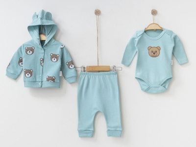 Ayıcık Nakışlı Hırkalı Üçlü Unisex Bebe Takım