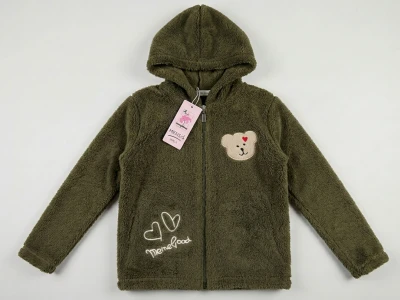 Toptan MENSİS Ayıcık Nakışlı Kapşonlu Welsoft Peluş Kız Hırka - Toptan Çocuk Giyim Beniz Kids