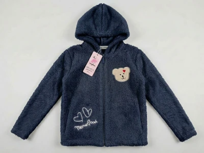 Toptan MENSİS Ayıcık Nakışlı Kapşonlu Welsoft Peluş Kız Hırka Navy blue - Beniz Bebe