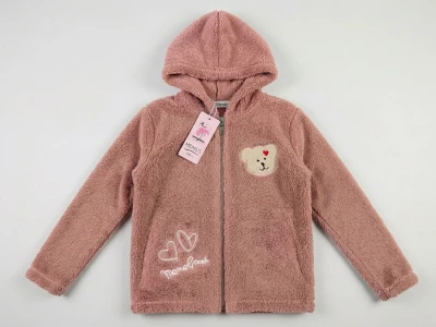 Toptan MENSİS Ayıcık Nakışlı Kapşonlu Welsoft Peluş Kız Hırka Rose - Beniz Bebe