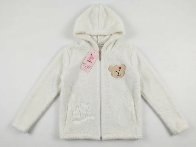 Toptan MENSİS Ayıcık Nakışlı Kapşonlu Welsoft Peluş Kız Hırka White - Beniz Bebe
