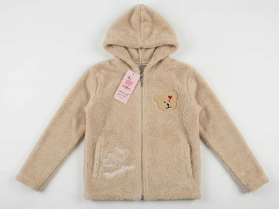 Toptan MENSİS Ayıcık Nakışlı Kapşonlu Welsoft Peluş Kız Hırka Beige - Beniz Bebe
