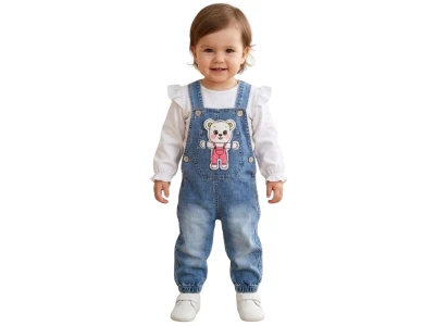 Toptan MONAROSETTA Ayıcık Nakışlı Kız Bebe Salopet Takım BEYAZ - Beniz Bebe