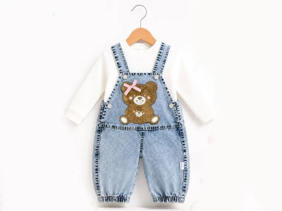 Toptan BABY İCON Ayıcık Nakışlı Kız Bebek Kot Salopet Set - Toptan Çocuk Giyim Beniz Kids