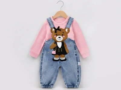 Toptan BABY İCON Ayıcık Nakışlı Kız Bebek Kot Salopet Set - Toptan Çocuk Giyim Beniz Kids