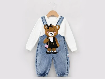 Toptan BABY İCON Ayıcık Nakışlı Kız Bebek Kot Salopet Set BEYAZ - Beniz Bebe