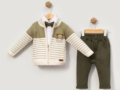 Toptan NOWA Ayıcık Nakışlı Papyonlu Triko Hırkalı Erkek Bebe Üçlü Takım  YEŞİL - Beniz Bebe