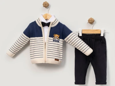 Toptan NOWA Ayıcık Nakışlı Papyonlu Triko Hırkalı Erkek Bebe Üçlü Takım  LACİVERT - Beniz Bebe