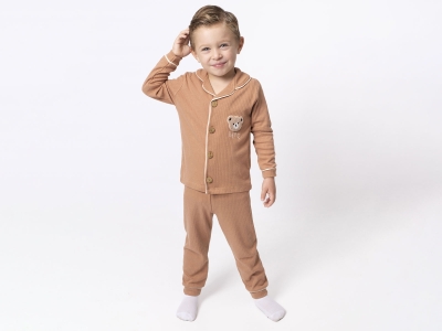 Ayıcık Nakışlı Raporlu Düğmeli Yakalı Erkek Pijama Takım