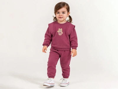 Toptan ÇITIR KİDS Ayıcık Nakışlı Şardonlu 3 İp Kız Bebek Takım - Toptan Çocuk Giyim Beniz Kids